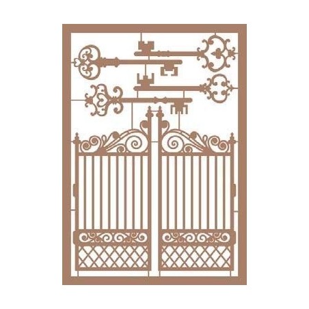 Decoraciones en papel craft: puerta enrejada y llaves antiguas. A5