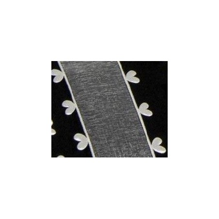 Lazo de organza con corazones. Blanco. 25 mm x 1 m.