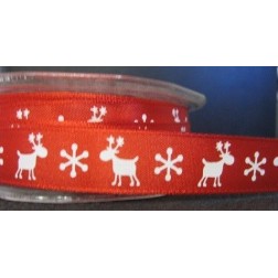 Lazo de satén rojo con renos y copos blancos. 16 mm x 1 m.