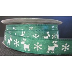 Lazo de satén verde con renos y copos blancos. 16 mm x 1 m.
