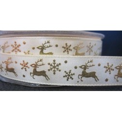 Lazo de satén crema con renos y copos dorados. 16mm x 1m.