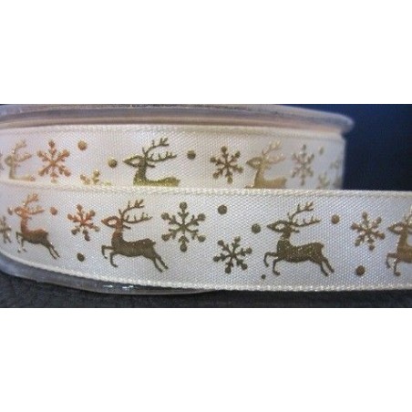 Lazo de satén crema con renos y copos dorados. 16mm x 1m.