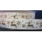 Lazo de satén crema con renos y copos dorados. 16mm x 1m.