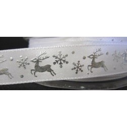 Lazo de satén blanca con renos y copos plateados. 16mm x 1m.