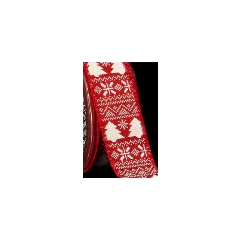 Lazo de tela rojo con motivos navideños blancos. 38 mm x 1m.