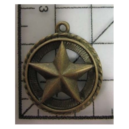 Decoración de metal dorada. Colgante redondo con estrella, rosa de los vientos simple. 2,5 x 2 cm. Fabscraps