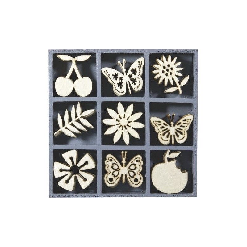 9 decoraciones de madera. Temática frutas, flores y mariposas. Madera. Knorr