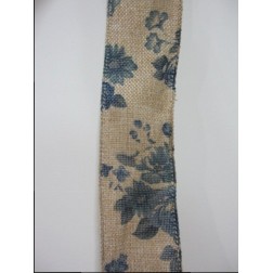 Cintas. Hotex. Cinta natural con flores azules. 1m x40mm