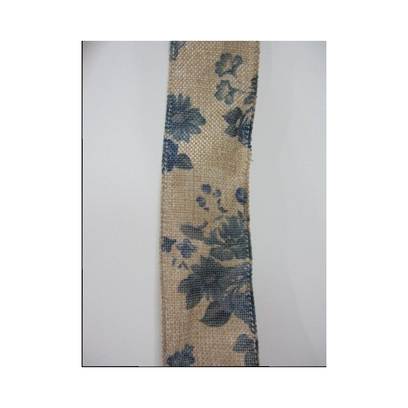 Cintas. Hotex. Cinta natural con flores azules. 1m x40mm