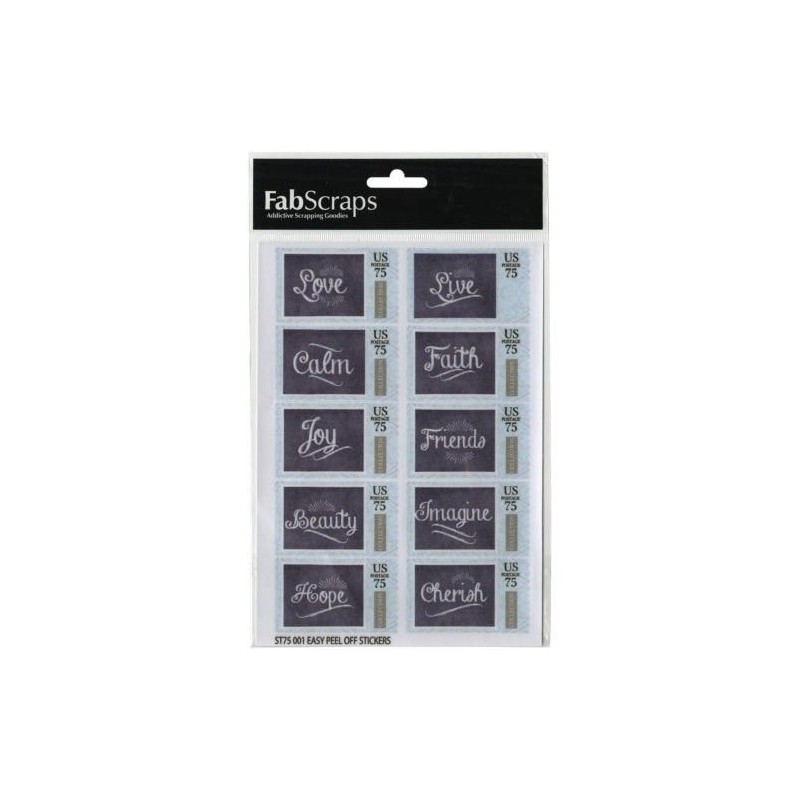 Fabscraps. Sellos con palabras. Postage stamps words. ST75 001. Pegatinas