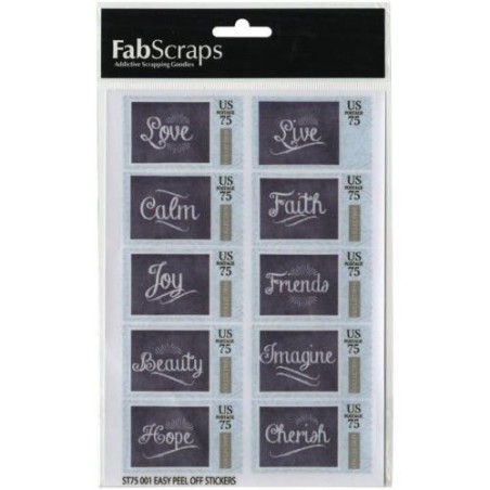 Fabscraps. Sellos con palabras. Postage stamps words. ST75 001. Pegatinas