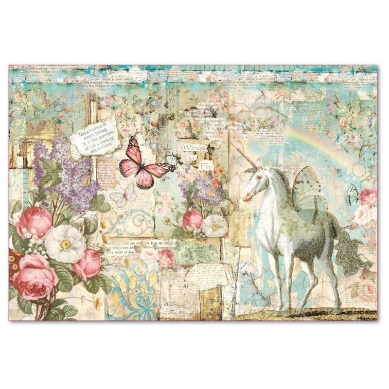 Hoja de papel de arroz XL para découpage Wonderland unicorn
