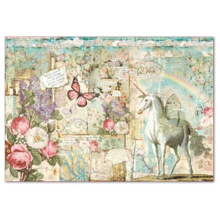 Hoja de papel de arroz XL para découpage Wonderland unicorn