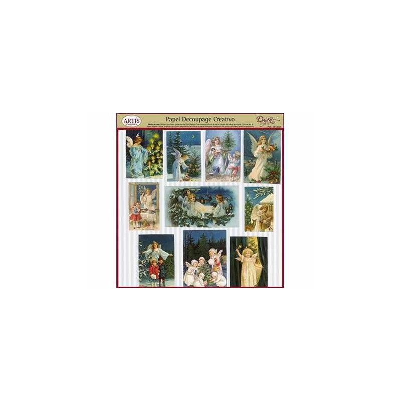 Papel para découpage con escenas de navidad con niños y ángeles