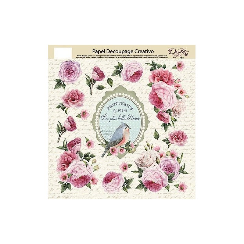 Papel decoupage. Rosas y marco con pajarito | L'aura Bella