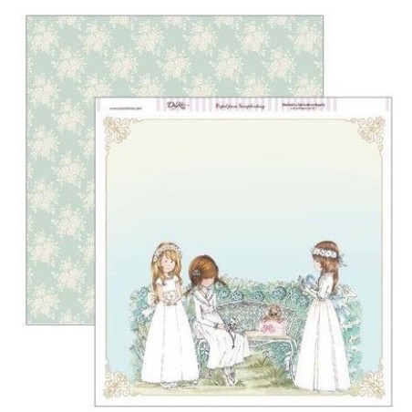 Papel Scrapbooking. SCP-291 Comunión 2019 Dayka. Tres niñas vestidas de Comunión en un jardín.