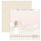 Papel Scrapbooking. SCP-292 Comunión 2019 Dayka. Niña rubia sobre fondo de Iglesia y casas. Lazo marrón y rayas rosas