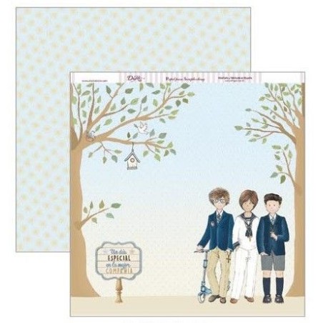 Papel Scrapbooking. SCP-303 Comunión 2019 Dayka. Tres niños de comunión con arbolitos, patinete y cartel