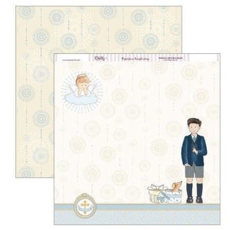 Papel Scrapbooking. SCP-305 Comunión 2019 Dayka. Niño con pantalón corto, un perrito y un ángel.