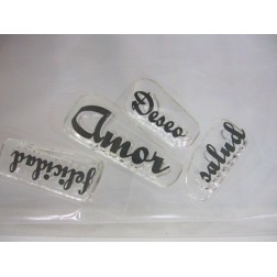 Sellos. 4 palabras: felicidad, deseo, amor y salud.