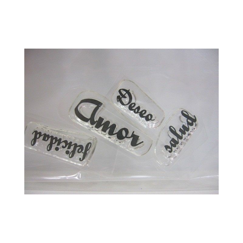 Sellos. 4 palabras: felicidad, deseo, amor y salud.