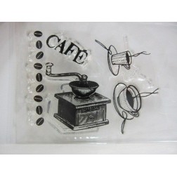 Sellos. Molinillo y granos de café. Tazas..