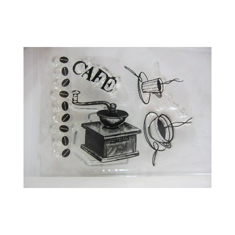 Sellos. Molinillo y granos de café. Tazas..