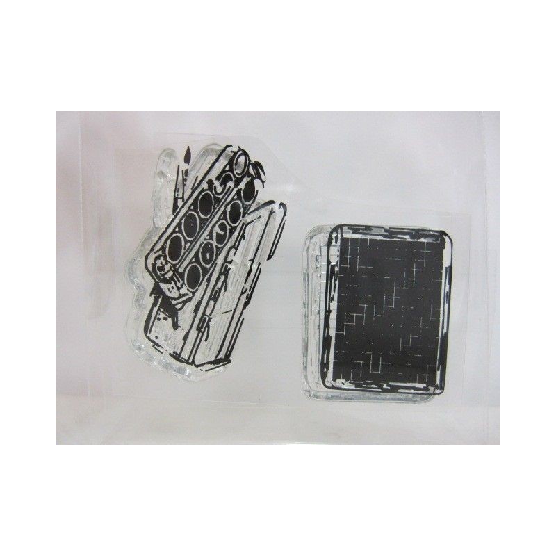 Sellos. Estuche de acuarelas y cuaderno.