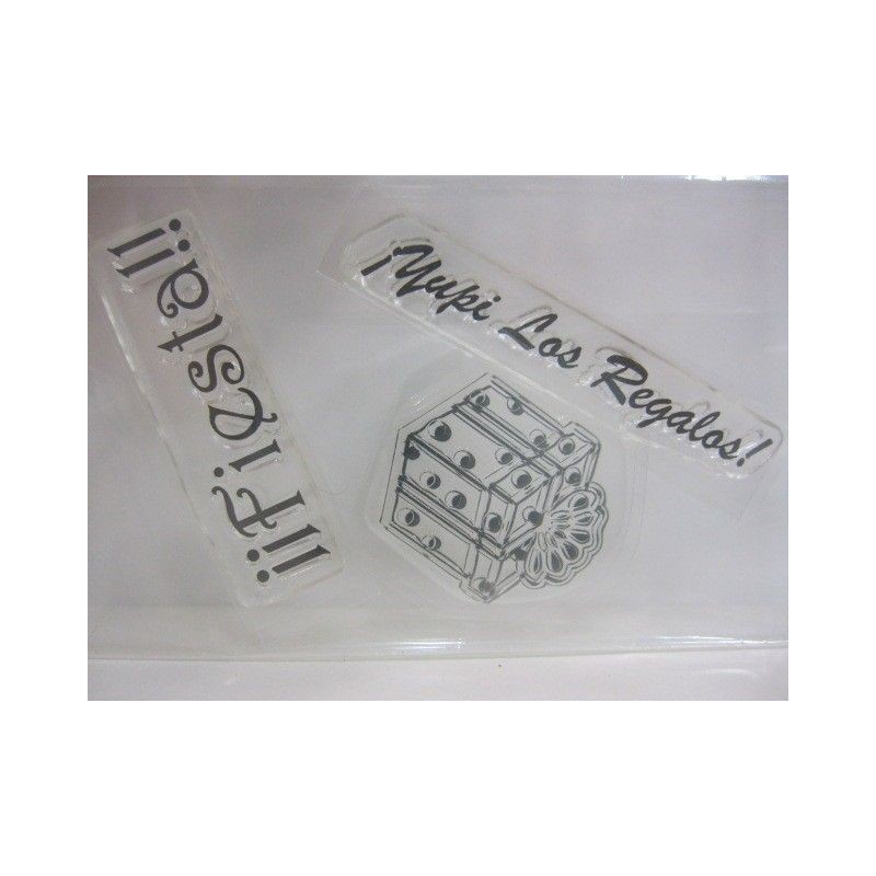 Sellos. Frases: Fiesta, Yupi los regalos. Regalo.