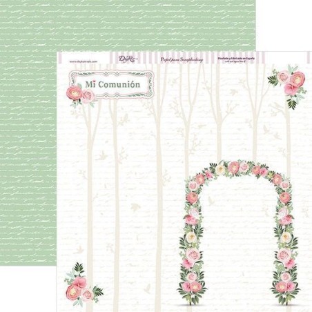 Papel scrapbooking Comunión Niña: flores y escritura. Dayka Trade. SCP-233